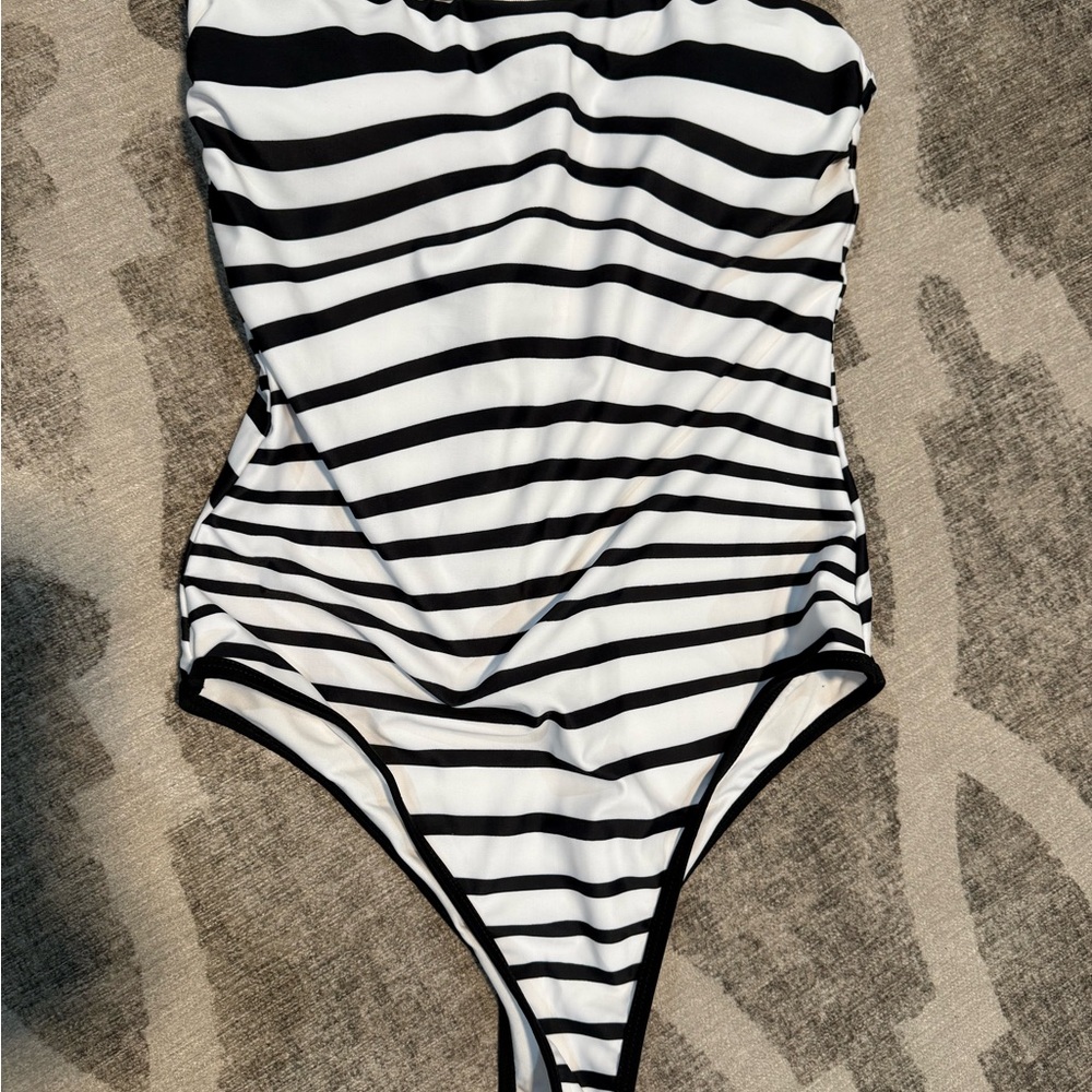 Fashion Nova Black and White Striped One Piece Swimsuit